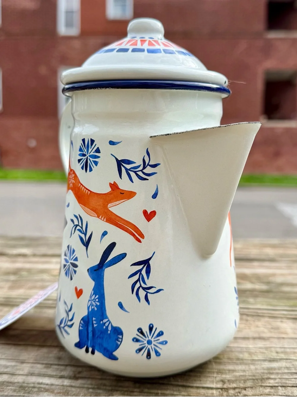 Vintage enamelware coffee pot - folk art animal design